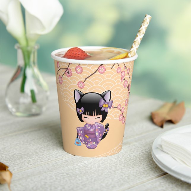 Neko Kokeshi Doll - Cat Ears Geisha Girl Paper Cups (Insitu)