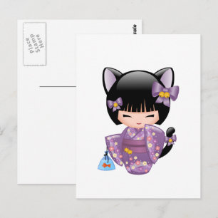 Neko Kokeshi Doll - Cat Ears Geisha Girl Postcard