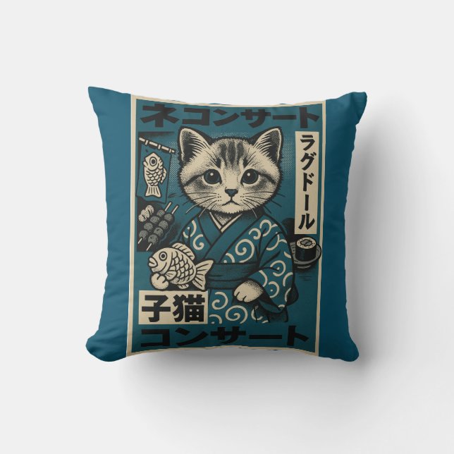 Neko Noodle Nights Throw Pillow (Front)