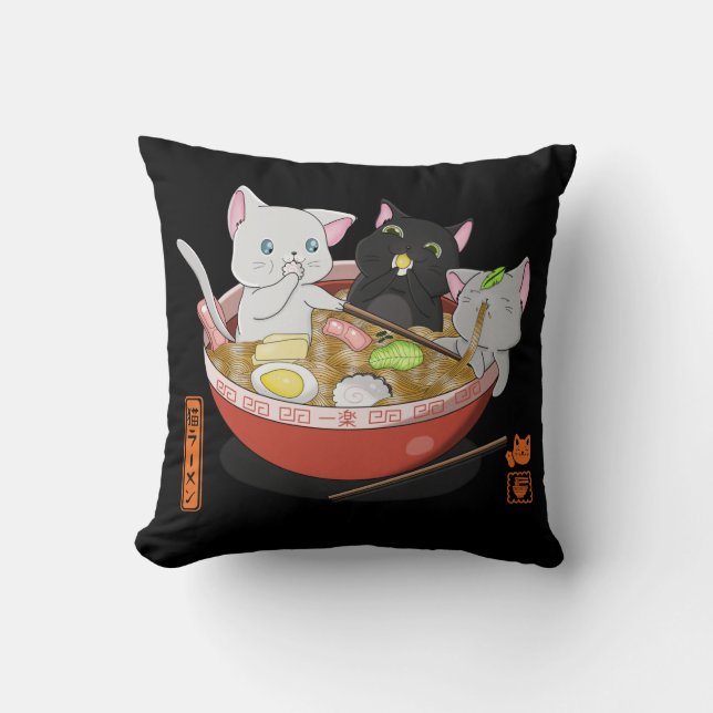 Neko Ramen cat Throw Pillow (Front)
