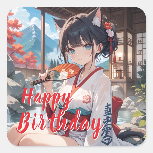 Nekomimi Musume in Hot Springs Square Sticker (Front)