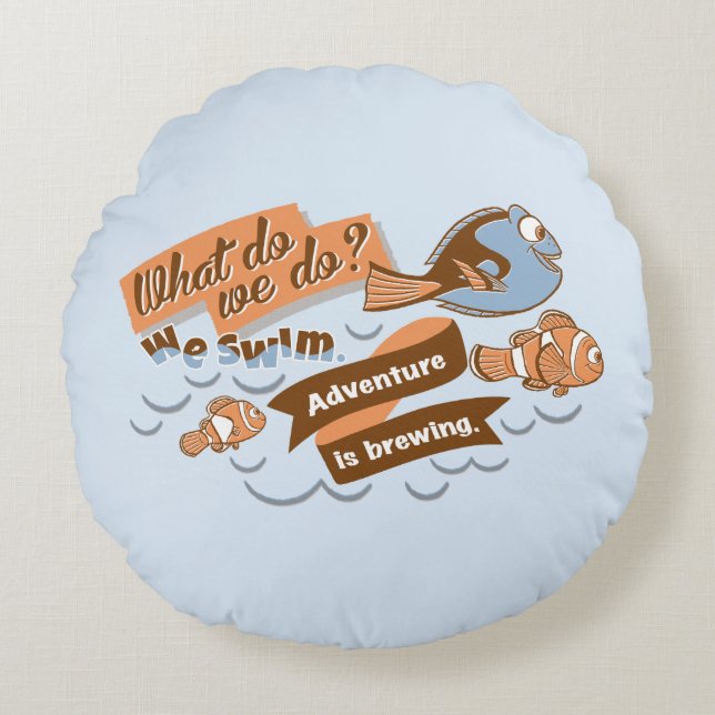 Nemo, Marlin & Dory | Adventure is Brewing Round Pillow (Front)