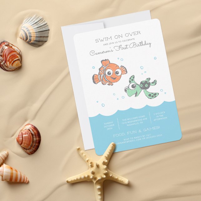 Nemo & Squirt Première Invitation d'anniversaire (Card on sand)