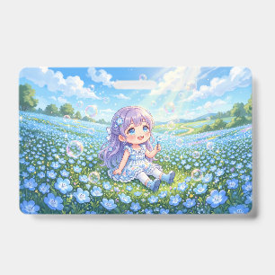 Nemophila flowers, soap bubbles, and a girl badge