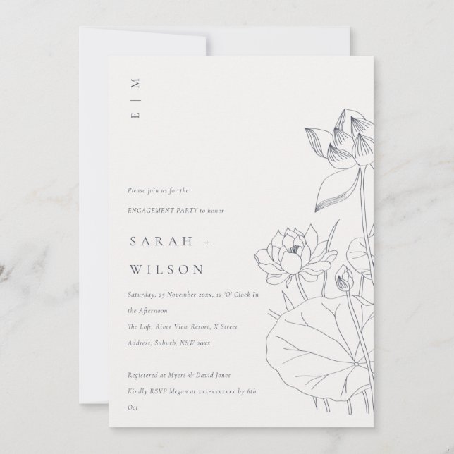 Nénuphar minimal  croquis floral Invitation Fiança (Devant)
