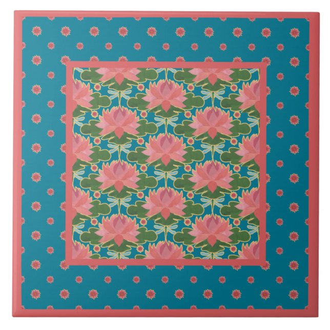 Nénuphars roses, libellules bleues : Carreau de (Devant)