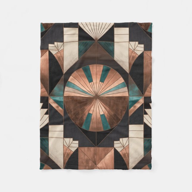 Neo Art Deco Geometric Teal Copper Gold Sunburst Fleece Blanket (Front)