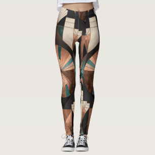 Neo Art Deco Geometric Teal Copper Gold Sunburst Leggings