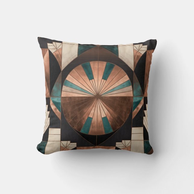 Neo Art Deco Geometric Teal Copper Gold Sunburst Throw Pillow (Front)