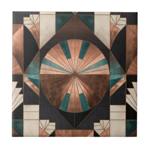 Neo Art Deco Geometric Teal Copper Gold Sunburst Tile