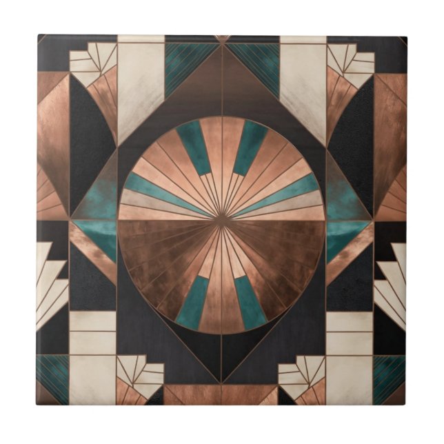 Neo Art Deco Geometric Teal Copper Gold Sunburst Tile (Front)