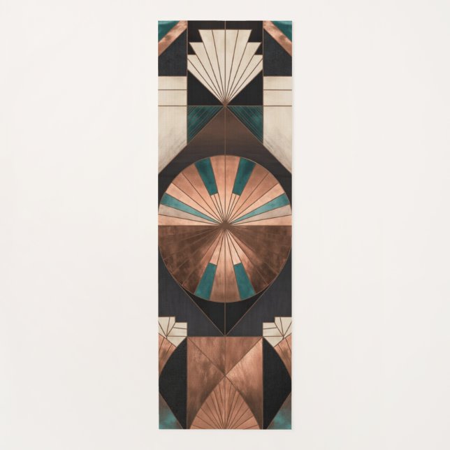 Neo Art Deco Geometric Teal Copper Gold Sunburst Yoga Mat (Front)