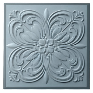 Neo Classical Floral Blue Grey Faux Relief Tile