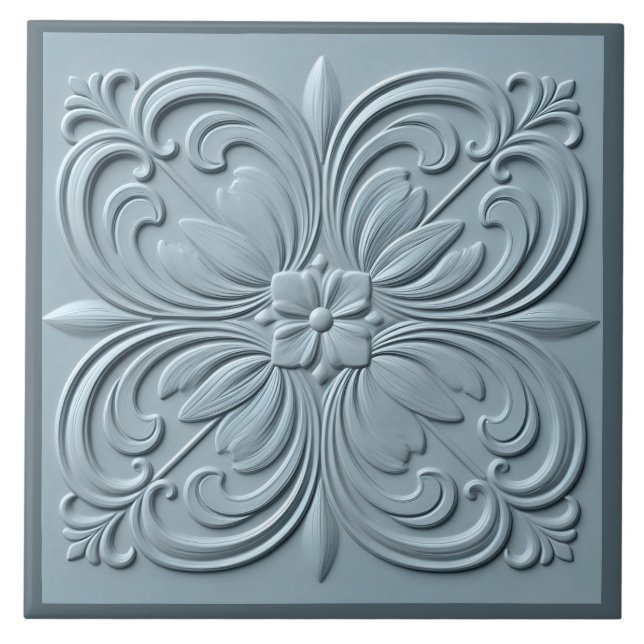 Neo Classical Floral Blue Grey Faux Relief  Tile (Front)