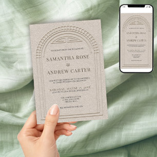 Neo Deco Minimalist Blind Embossed Wedding QR Code Invitation