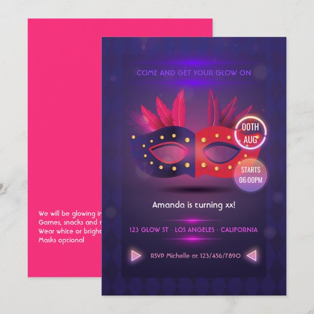 Neo Masquerade Mask Birthday Party Invitation (Front/Back)