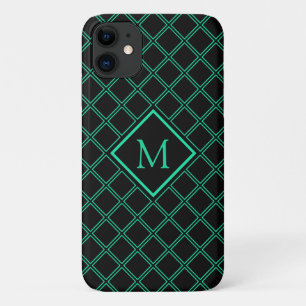 Neo Mint and Black Diamond Pattern Monogram iPhone 11 Case