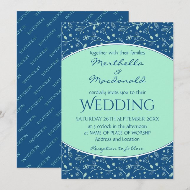 NEO MINT CLASSIC BLUE Elegant Modern Floral Invitation (Front/Back)