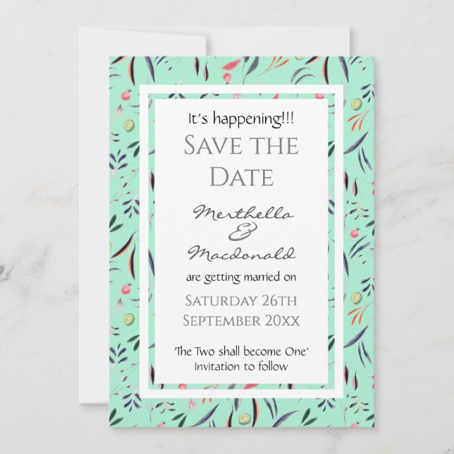 NEO MINT Floral Personalized IT'S HAPPENING! Save The Date (Front)