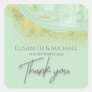 Neo mint gold marble agate calligraphy thank you square sticker