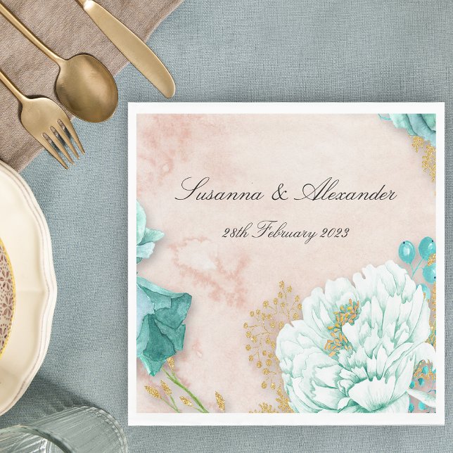 Neo Mint Green Flowers and Blush Pink Boho Wedding Napkin (Creator Uploaded)