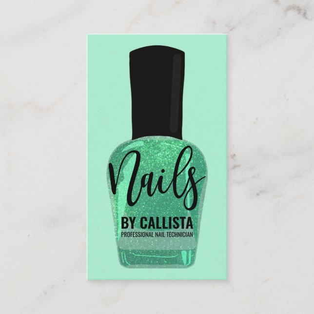 Neo Mint Green Glitter Nail Polish Nail Technician Business Card (Front)