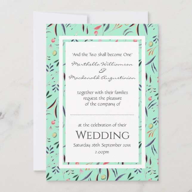 Neo Mint Personalized Floral WEDDING Invitation (Front)