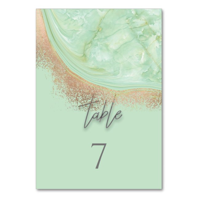 Neo mint rosegold marble agate calligraphy elegant table number (Front)