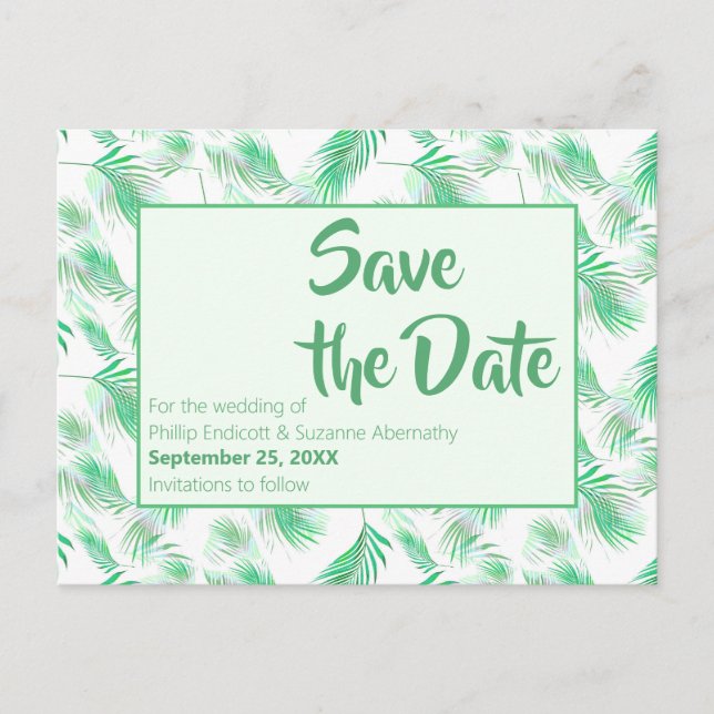 Neo Mint Tropical Palm Leaves Save the Date Announcement Postcard (Front)