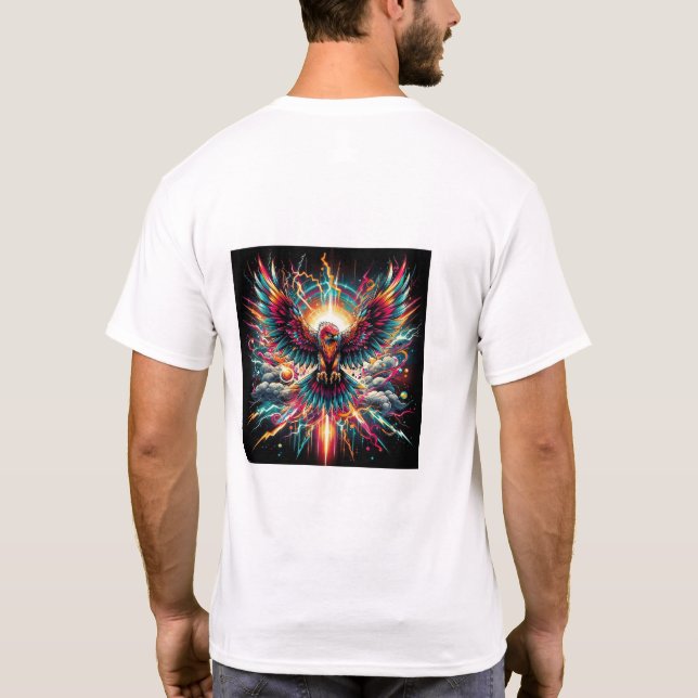 Neo Phoenix Explosion-Vibrant Electric Bird Art  T-Shirt (Back)