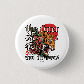 Neo-Traditional Roaring Tiger & Flowers Gothic Art 1 Inch Round Button
