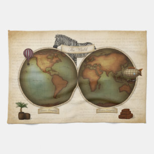 Neo-Victorian World Traveller Atlas Steampunk Map Kitchen Towel