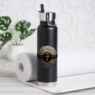 NeoAnkh 3D Golden Winged Ankh & Hieroglyphs Water Bottle