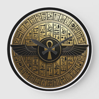 NeoAnkh Golden Ankh & Winged Sun Disk Hieroglyphic Large Clock