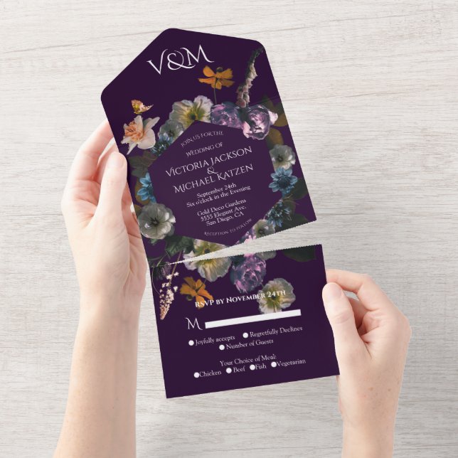 Neoclassical Moonlight Floral Dark & Moody Wedding All In One Invitation (Tearaway)