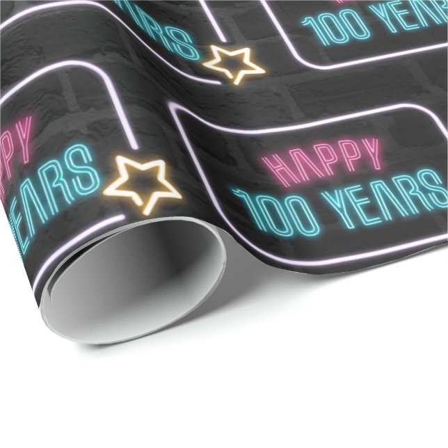 Neon 100th Birthday Marquee On Brick Wrapping Paper (Roll Corner)