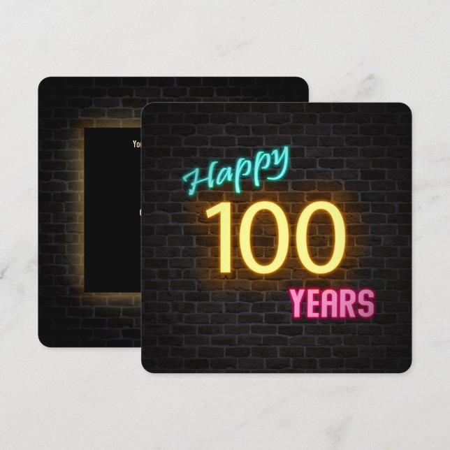 Neon 100th Birthday Sign glowing on brick Invitation (Front/Back)