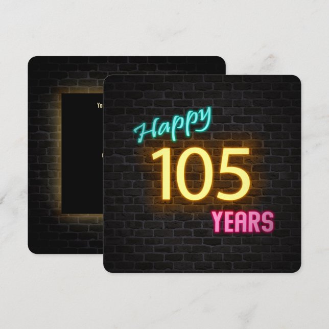Neon 105th Birthday Sign glowing on brick Invitation (Front/Back)