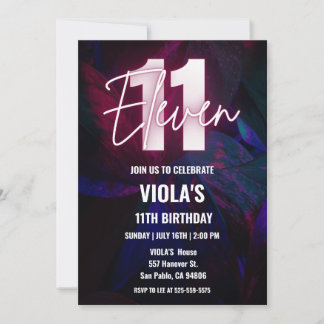 Neon 11th Birthday   Invitation