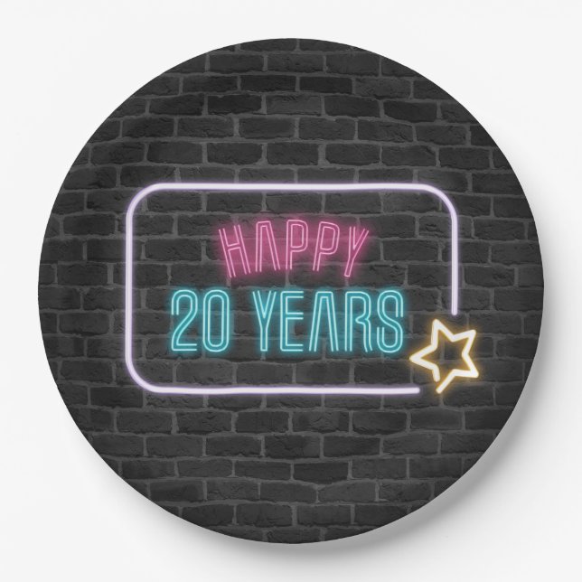 Neon 20th Birthday Marquee On Brick Paper Plate (Front)
