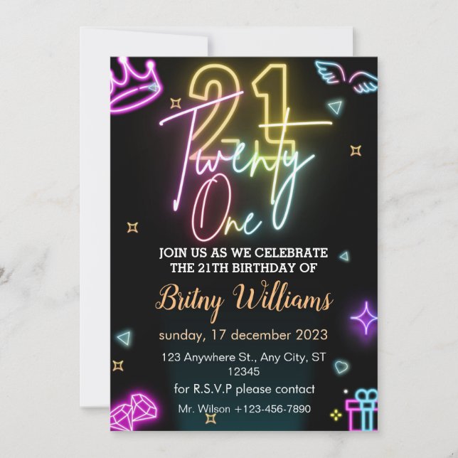 Neon 21e anniversaire Invitation (Devant)