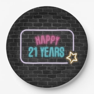 Neon 21st Birthday Marquee On Brick Wall Paper Plate
