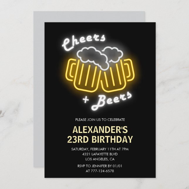 Neon 23e anniversaire invitation Cheers and Beers (Devant / Derrière)
