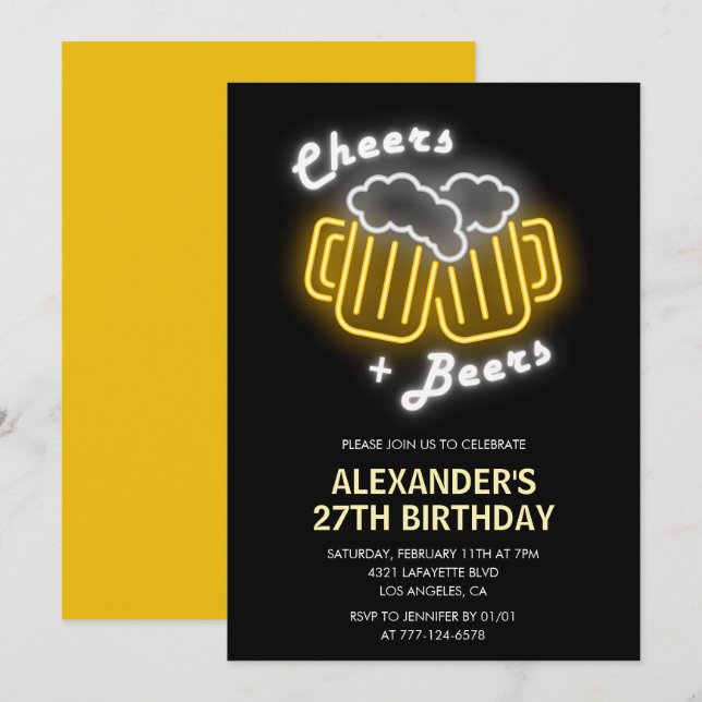 Neon 27th birthday invitation Cheers and Beers (Devant / Derrière)