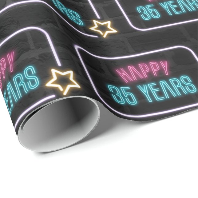 Neon 35th Birthday Marquee On Brick Wrapping Paper (Roll Corner)