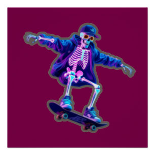 Neon 3D Skeleton Skateboarding – Funny Streetwear  Poster