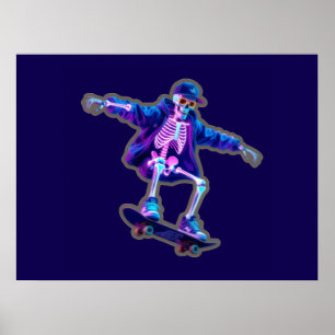 Neon 3D Skeleton Skateboarding – Funny Streetwear  Poster