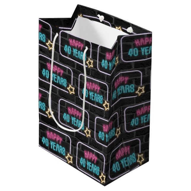 Neon 40th Birthday Sign On Brick  Medium Gift Bag (Front Angled)