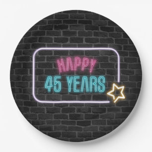 Neon 45th Birthday Marquee On Brick Wall Paper Plate