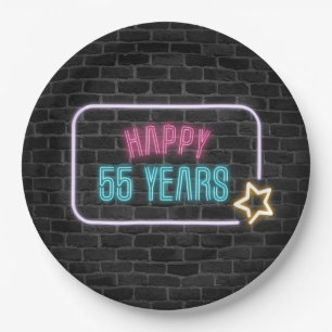 Neon 55th Birthday Marquee On Brick Wall Paper Plate